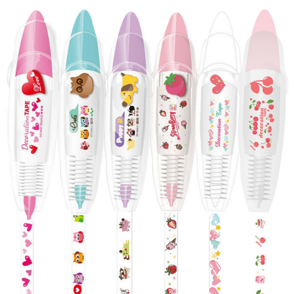 RuWeoMaa Animal Press Type Decorative Pens, DIY Decorative Pen, Cute Decorative Pens for Scrapbooking, Lace Correction Tape Decorative Tape Pen(6PCS)