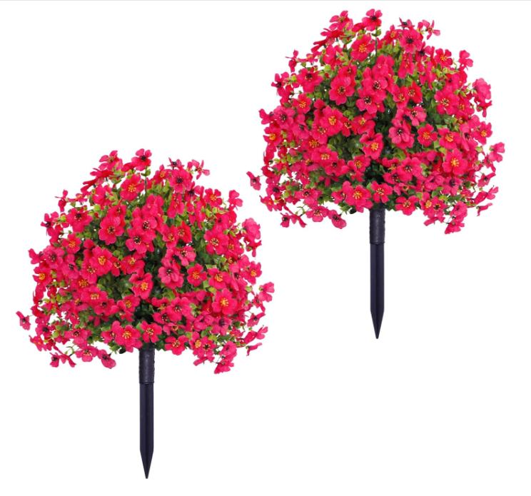 RuWeoMaa Artificial Flowers with Ground Spikes,2Pcs Garden Stake Faux Greenery Shrubs Garden Accessories 23.6" for Farmhouse Outdoor Outside Garden Porch Patio Wedding Party Decoration