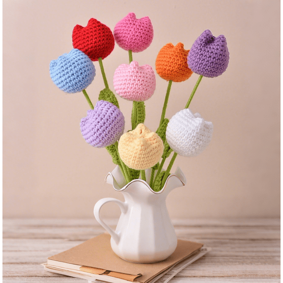 RuWeoMaa Crochet Tulip without Vase, 9pcs/set Artificial Flower, Summer Home Decor Supplies for Living Room Bedroom Dining Room Wedding Party