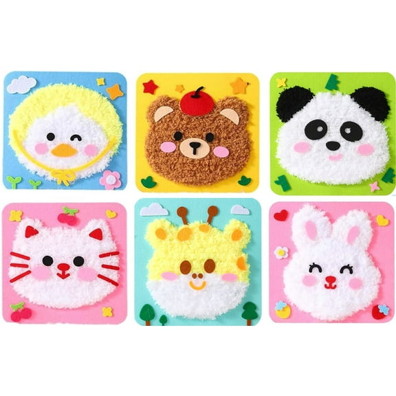 RuWeoMaa DIY Embroidery Doll Set, Cartoon Animal Sewing Craft Kit, Easy to Do Cartoon Animal Sewing Projects Yarn Board, Felt Sticker Art for Kids (6Pcs)