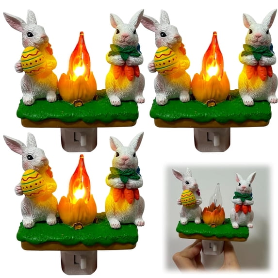 RuWeoMaa Easter Bunny Bonfire Flashing Night Light, Bunny Campfire Nightlight,Easter Rabbit Night Light, Easter Rabbits Campfire Flicker Flame Nightlight for Easter Rooms Decoration Party Favor