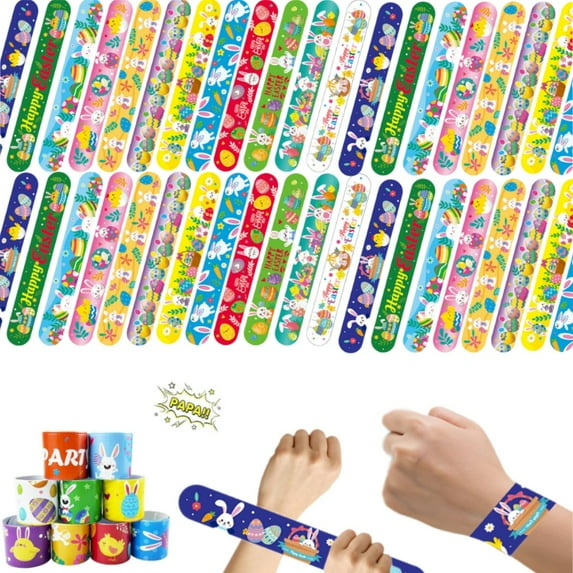 RuWeoMaa Easter Slap Bracelets for Kids 48PCS Easter Basket Stuffers for Kids Bulk Snap Bracelet Easter Party Favors Supplies Easter Egg Fillers Toys Goodie Bag Stuffers Toy Gift for Classroom Prizes