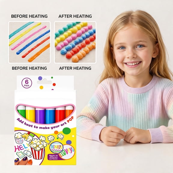 RuWeoMaa Heat Activated Popcorn Pens Puffy, 6 Pack 3D Art Bubble Pens for Drawing, DIY Popcorn Markers for Handcraft Art Project, MultiColor Creative Art Supplies