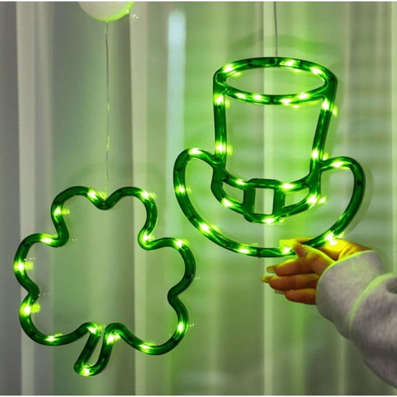 RuWeoMaa St Patricks Day Decorations Shamrock Neon Lights, Green Decor Clover Window Lights, Batteries Powered St. Patrick's Day LED Lighted Shamrocks for Party Wall Bedroom Indoor Outdoor