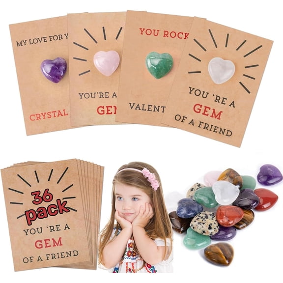 RuWeoMaa Valentines Crystals Card - 36 Pack Valentines Cards with Heart-Shape Crystal Stones, Funny Valentine Exchange Card Prizes for Students Classroom School Party Favor