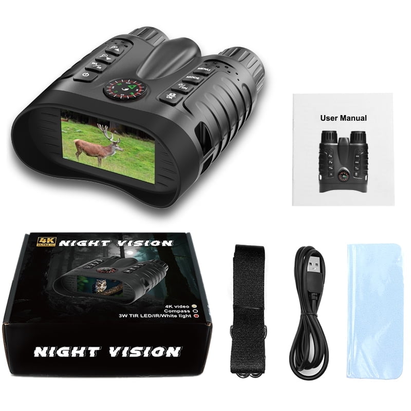 Ruaiok Night Vision Goggles with Compass, 4K Night Vision Binoculars 8X Digital Zoom & 4500mAh Battery, 64GB Card Included, 1300ft Range, Perfect for Outdoor, Camping, Hunting