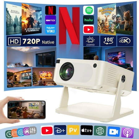 Ruaiok Projector 4K with WiFi and Bluetooth, Full HD Portable Outdoor Movie Projector with Built-in Speaker for Home, Bedroom, Outdoor Use，Compatible with Smartphone、HDMI、USB, White