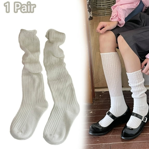 Ruanlalo 1 Pair Women Winter Long Socks Knitting Calf Socks Solid Color Japanese Style Warm Elastic Anti-slip School Girl Socks Stockings -One Size,White