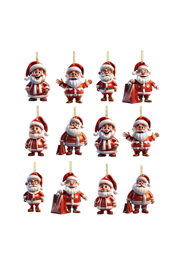 Ruanlalo 12Pcs Santa Claus Ornaments 2D Acrylic Hanging Decor for Christmas Tree Car Mirror Backpack Bag Charm Holiday Party Gifts