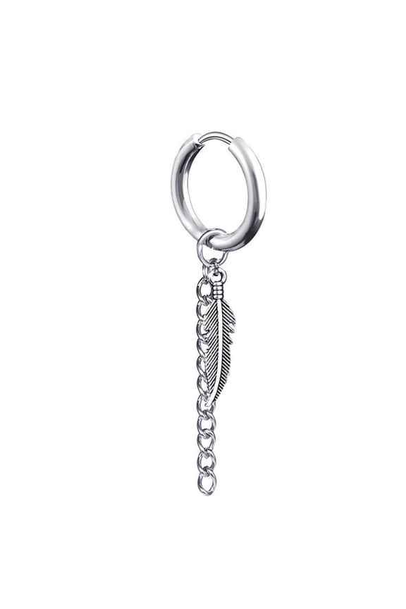 1Pcs Fashion Long Chain Ear Clip Stainless Steel Piercing Loop Hoop Earring for Men Steel Color 1