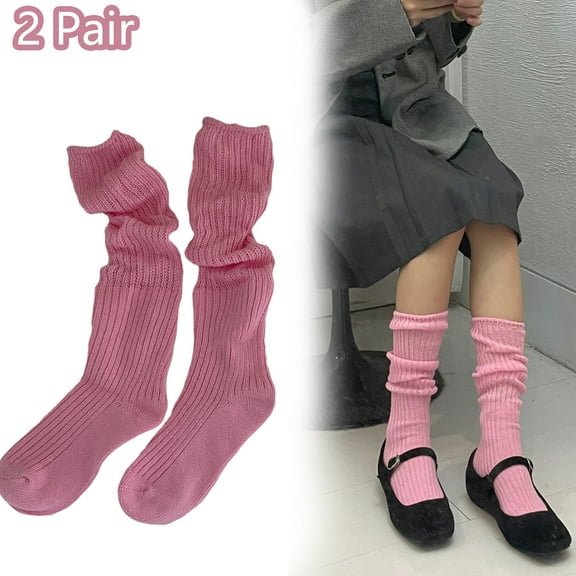 Ruanlalo 2 Pair Women Winter Long Socks Knitting Calf Socks Solid Color Japanese Style Warm Elastic Anti-slip School Girl Socks Stockings -Pink,One Size