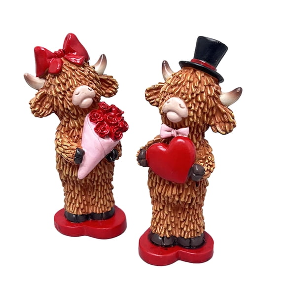 Ruanlalo 2 Pcs Valentine's Day Highland Cow Figurine Cute Love Scottish Cow Statue with Roses And Heart Romantic Farmhouse Tabletop Decoration for Wedding Anniversary Couple Gift