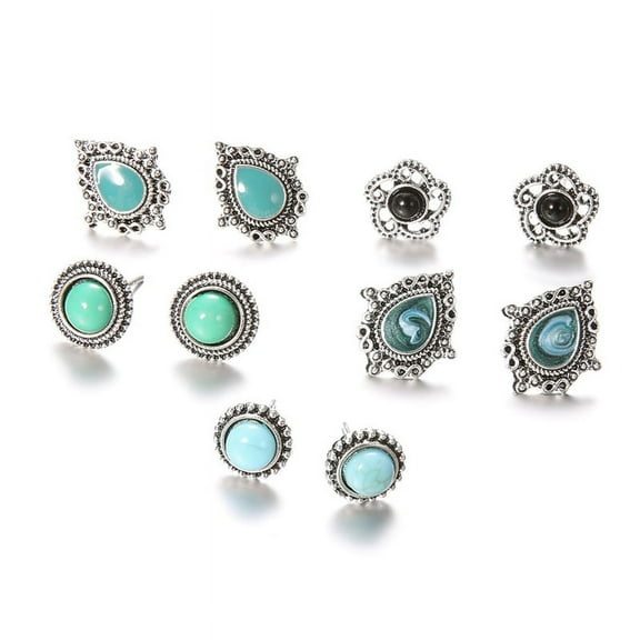 Ruanlalo 5 Pair Women Bohemia Faux Turquoise Flower Water Drop Ear Stud Earrings Jewelry Antique Silver