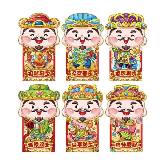 Ruanlalo 6 Pcs Chinese New Year Red Envelopes Cartoon God of Wealth Lucky Money Envelope Spring Festival Red Pockets for Cash