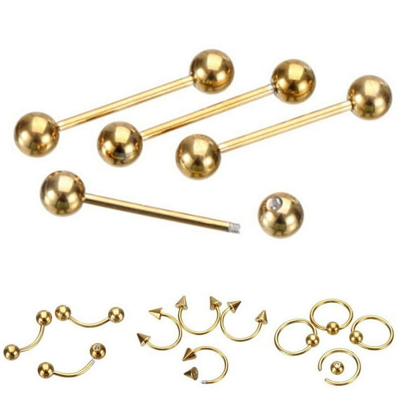 Ruanlalo 9Pcs Mixed Style Lip Nipple Tongue Bar Barbell Ring Labret Body Piercing Jewelry Golden