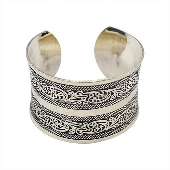 Ruanlalo Bohemian Flower Engraving Open Bangle Carved Cuff Bracelet Women Jewelry Gift Silver
