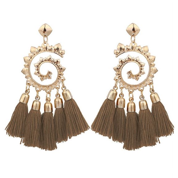 Ruanlalo Bohemian Women Spiral Pendant Thread Tassel Dangle Drop Earrings Jewelry Gift Coffee