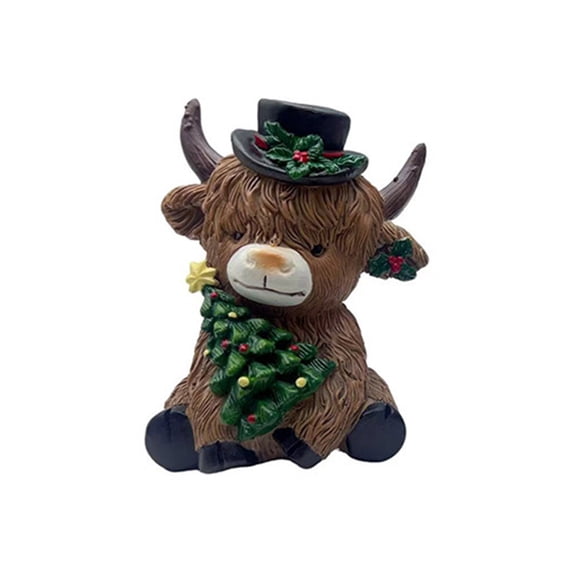 Ruanlalo Christmas Highland Cow Figurine Resin Santa Tree Scottish Statue for Xmas Home Garden Kitchen Office Tiered Tray Table Decor