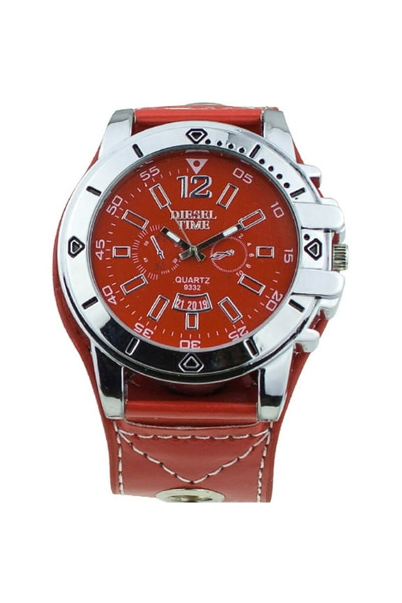 Colorful Men Fashion Oversized Dial Sport Quartz Steel Leather Band Wrist Watch Red