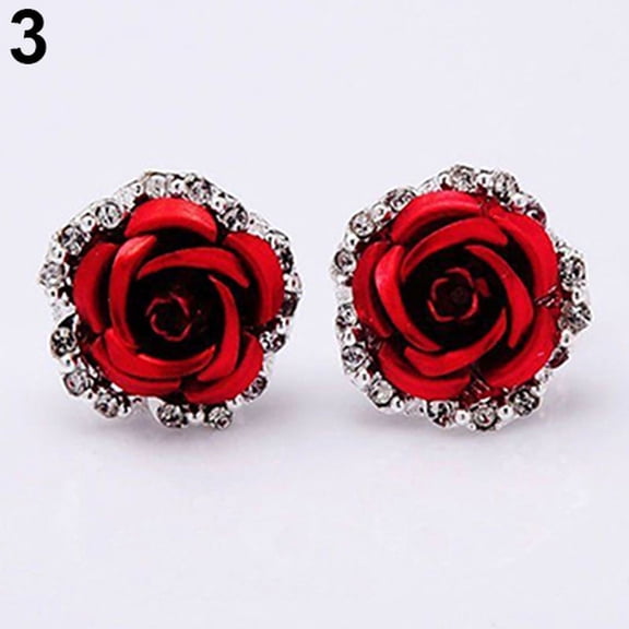 Ruanlalo Elegant Rose Flower Rhinestone Ear Stud Clip Earrings Women Piercing Jewelry Red