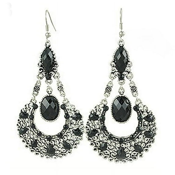 Ruanlalo Ethnic Vintage Lady Rhinestone Dangle Hook Chandelier Statement Earrings Jewelry Black