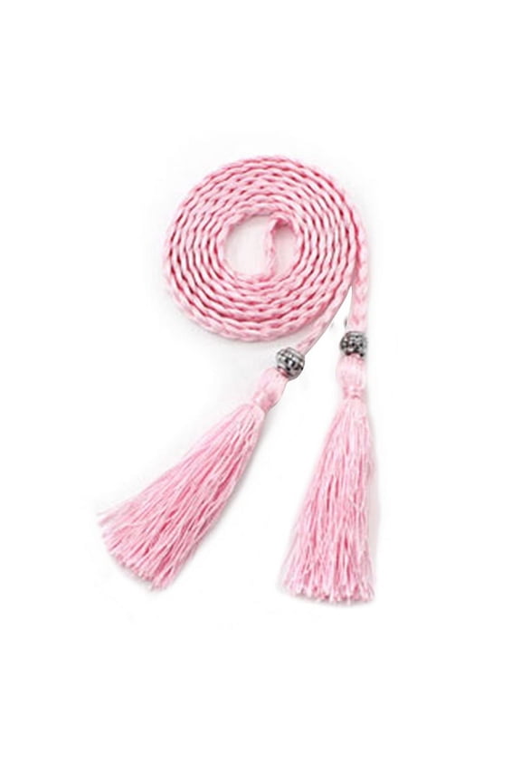 Ethnic Women Braided Knot Tassel Belt Waistband Skinny Thin Waist Rope Strap Pink