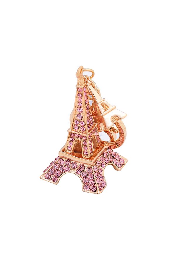 Fashion Women Rhinestones Double Eiffel Tower Key Chain Handbag Hanging Keyring Pink