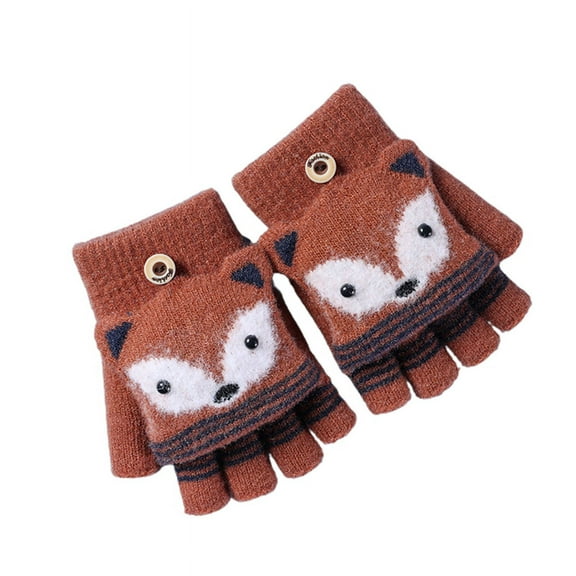 Ruanlalo Gloves,1 Pair 6-10 Years Boys Girls Gloves Cartoon Fox Half Finger Winter Animal Pattern Stretchy Gloves for School