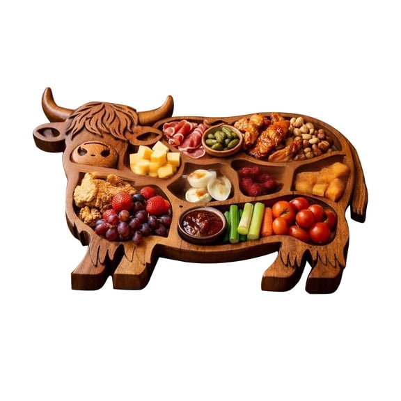 Ruanlalo Highland Cow Wooden Charcuterie Board Cute Cow Shaped Serving Tray Rustic Farmhouse Food Platter with Compartments for Cheese Meat Fruit Snacks