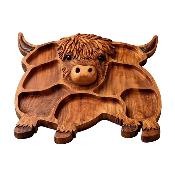 Ruanlalo Highland Cow Wooden Charcuterie Board Cute Cow Shaped Serving Tray Rustic Farmhouse Food Platter with Compartments for Cheese Meat Fruit Snacks
