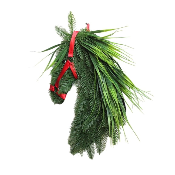 Ruanlalo Horse Head Wreath Rustic Farmhouse Equestrian Front Door Decor Handmade Artificial Pine Branches Wreath with Red Ribbon for Wall Window Porch Decor