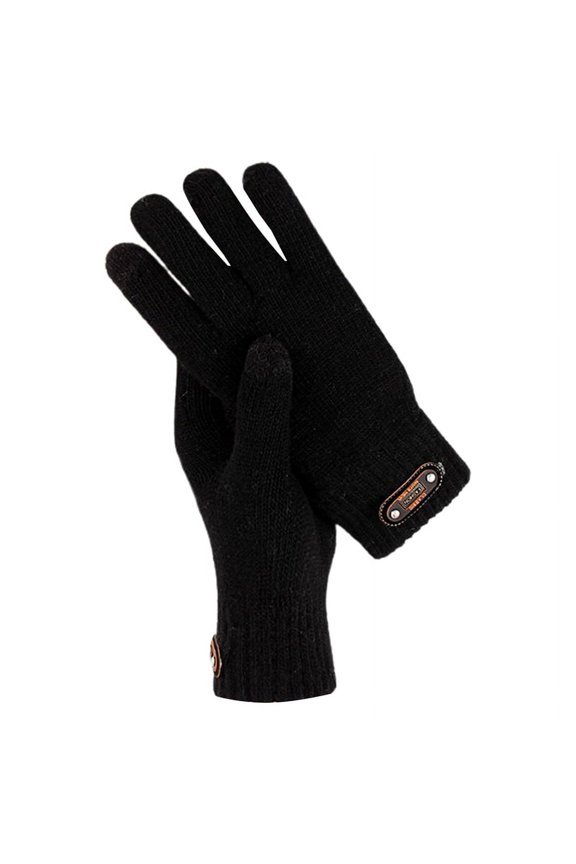 Men Gloves 1 Pair Faux Leather Logo 3D Jacquard Ribbed Cuffs Thickened Fleece Lining Men Gloves Autumn Winter Knitted Gloves