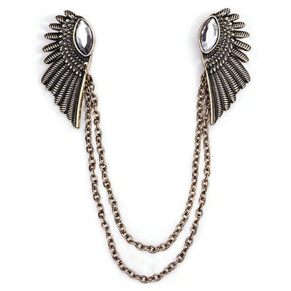 Ruanlalo Retro Collar Clip Punk Chain Tassel Blouse Shirt Angel Wing Tips Pin Brooch Bronze