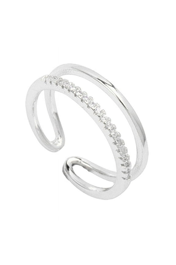 Simple Women Wedding Rhinestone Inlaid Double Layer Open Ring Finger Jewelry White Gold