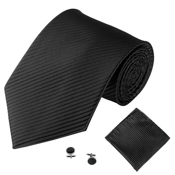 Ruanlalo Solid Color Stripe Jacquard Business Men Necktie Handkerchief Cuff Links Set Black