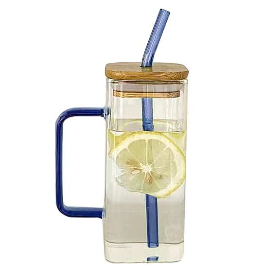 Ruanlalo Square Glass Tumbler with Handle And Lid 380ml Transparent Coffee Cup Portable Tea Milk Jar for Hot Cold Drinks