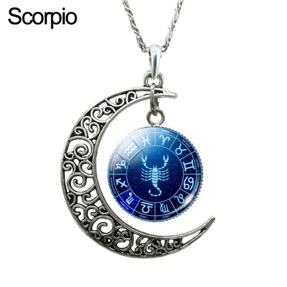 Ruanlalo Unisex Faux Gem 12 Constellations Hollow Crescent Moon Chain Necklace Jewelry Gift for Party Scorpio