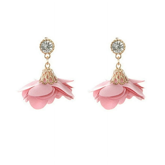 Ruanlalo Vintage Cloth Flower Rhinestone Pendant Earrings Women Ear Studs Party Decor Pink