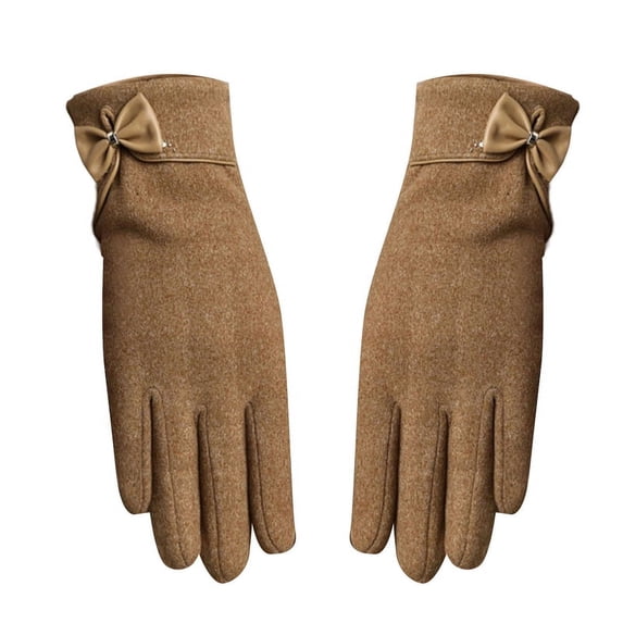 Ruanlalo Winter Gloves,1 Pair Bowknot Decor Thickened Solid Color Women Gloves Autumn Winter Fleece Lining Touch Screen Full Finger Driving Gloves
