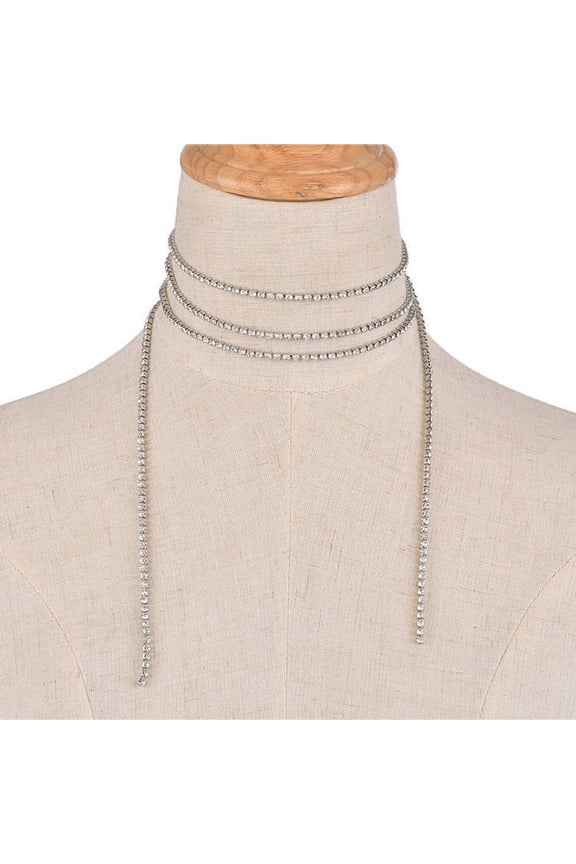Women Bling Rhinestone Long Cup Chain Tie Up Choker Evening Party Necklace Gift