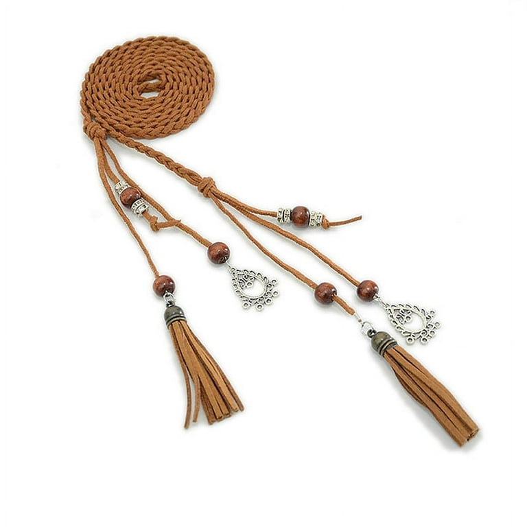 Ruanlalo Women Braided Beads Tassels Thin Skinny Waist Rope Belt