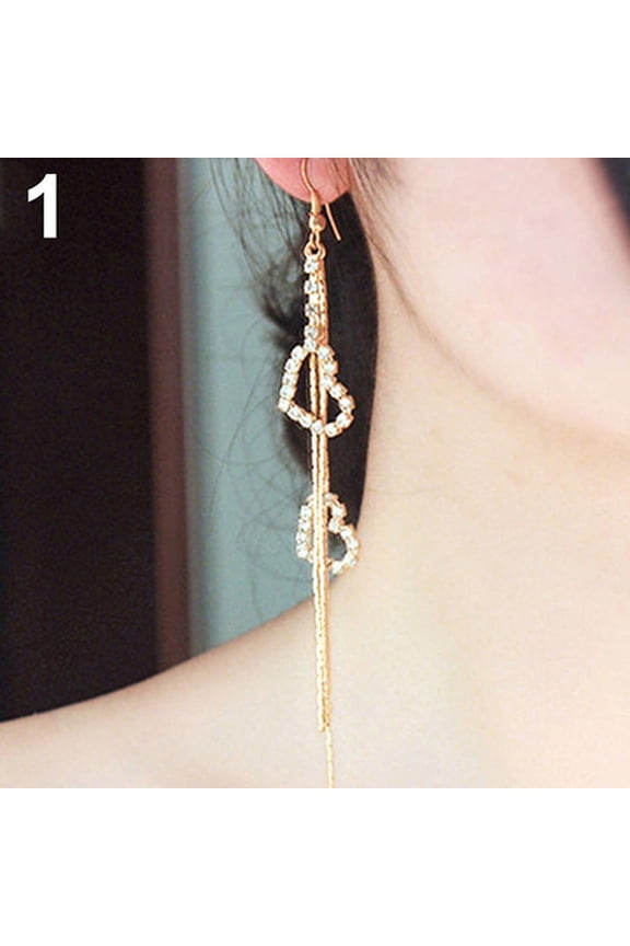 Women Double Heart Long Tassels Rhinestone Linear Hook Dangle Duster Earrings Gold
