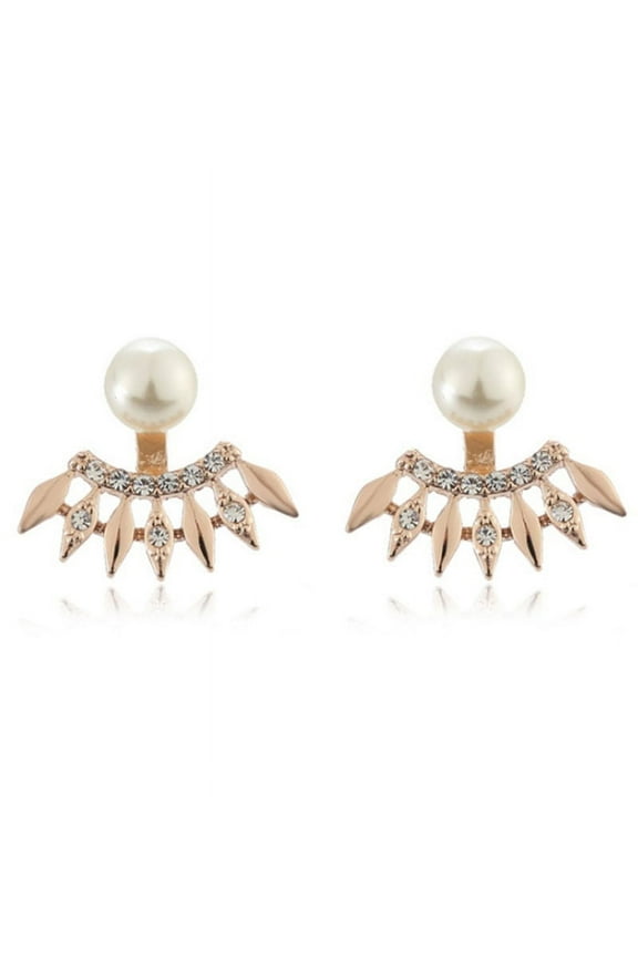Women Earrings Party Jewelry Faux Pearl Rhinestone Sweet Ear Jacket Studs Gift Rose Gold