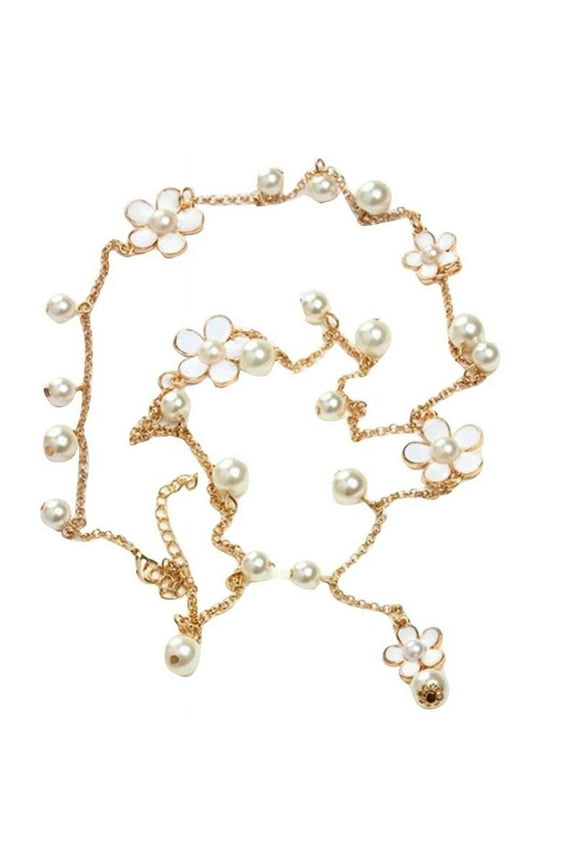 Women Elegant Faux Pearl Flower Sweater Chain Long Pendant Necklace Jewelry