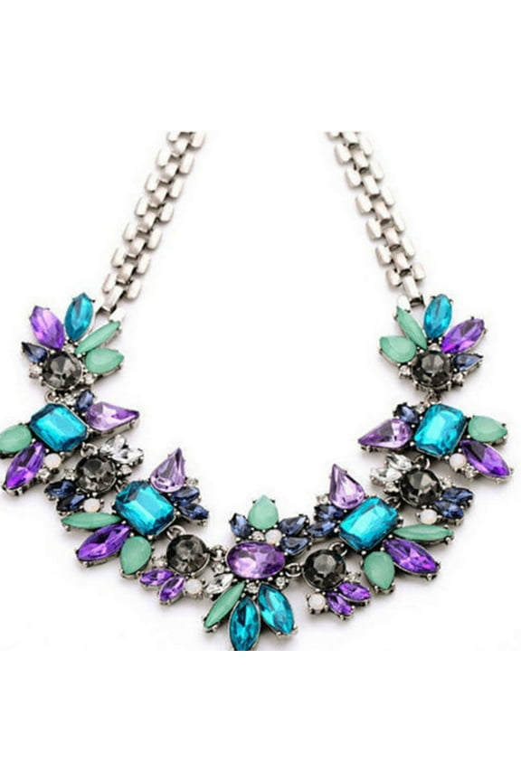 Women Fashion Jewelry Statement Bib Collar Colorful Rhinestone Chain Necklace