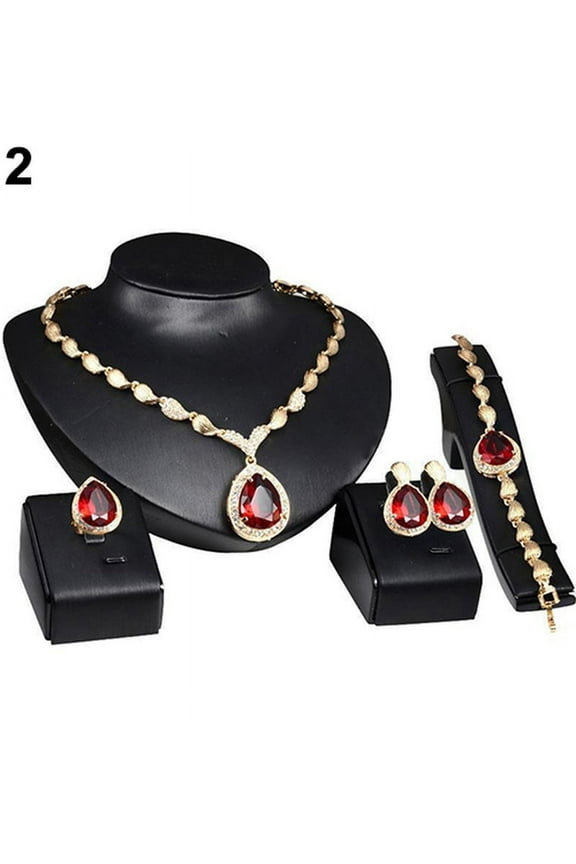 Women Fashion Rhinestone Pendant Necklace Ring Bracelet Earrings Jewelry Set Red