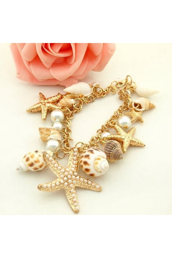 Women Ocean Sea Shell Starfish Faux Pearl Pendant Bracelet Bangle Jewelry Gift