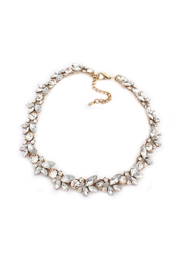 Women Party Luxury Crowd Clear Rhinestone Flower Bronze Choker Bib Necklace