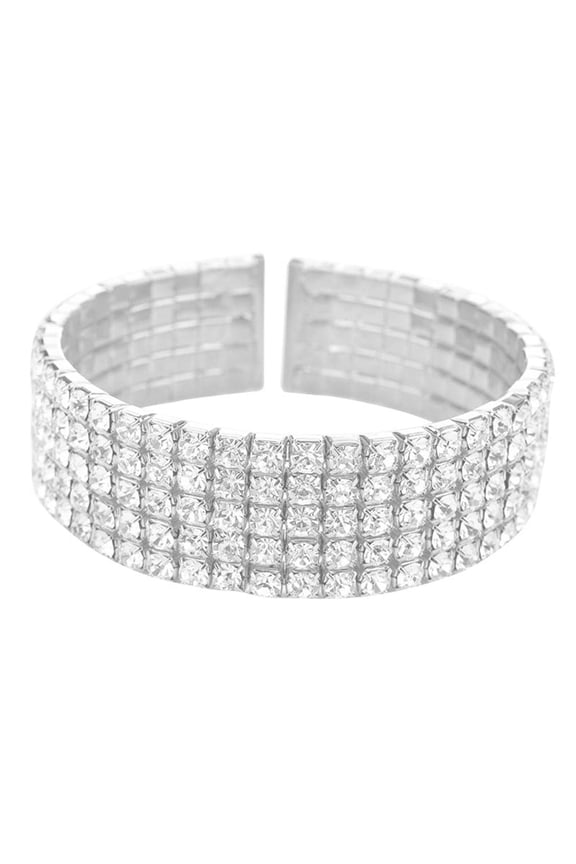 Women's 5 Rows Clear Rhinestone Wide Bracelet Cuff Open Bangle Bridal Jewelry Silver