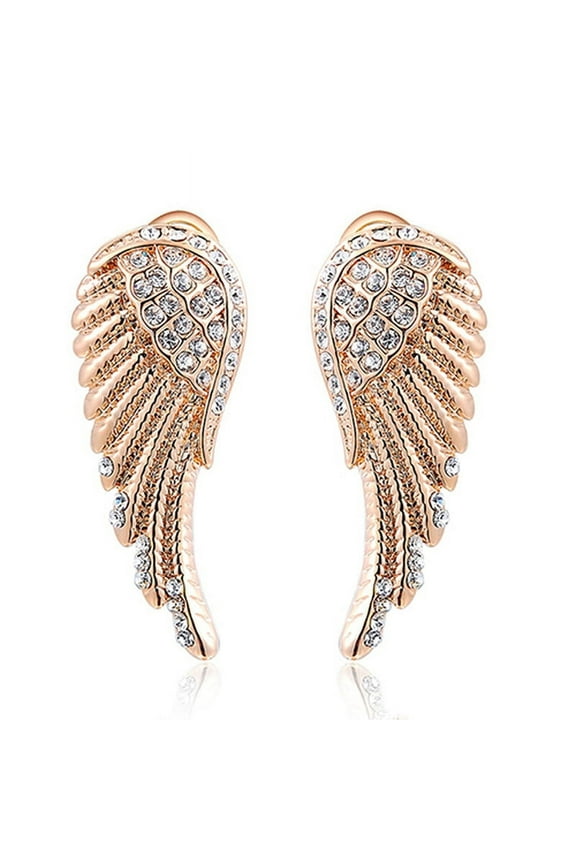 Women's 9K Gold Plated Angel Wings Crystal Ear Studs Luxury Earrings Jewelry Rose Gold